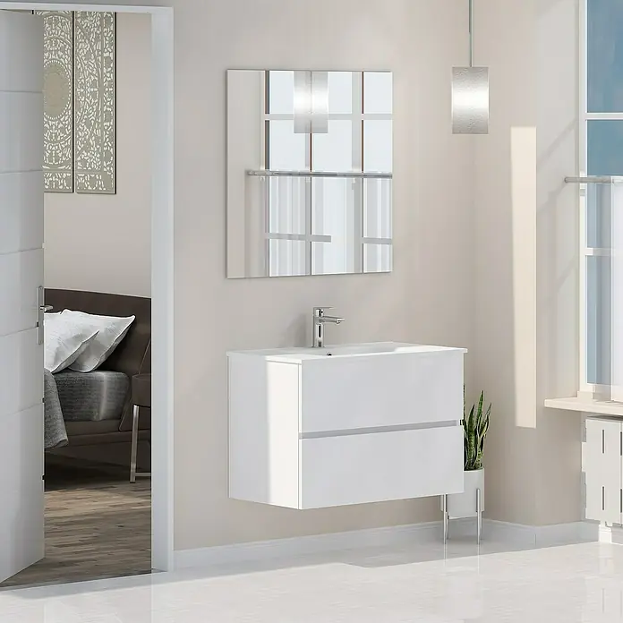 Artysan Mueble bajo de lavabo Inca - L x An x Al: 46 x 60 x 54,5 cm, Blanco - Un tocador blanco moderno con cajones, espejo y grifo. Diseño elegante para un baño con estilo que ofrece soluciones prácticas de almacenamiento.
