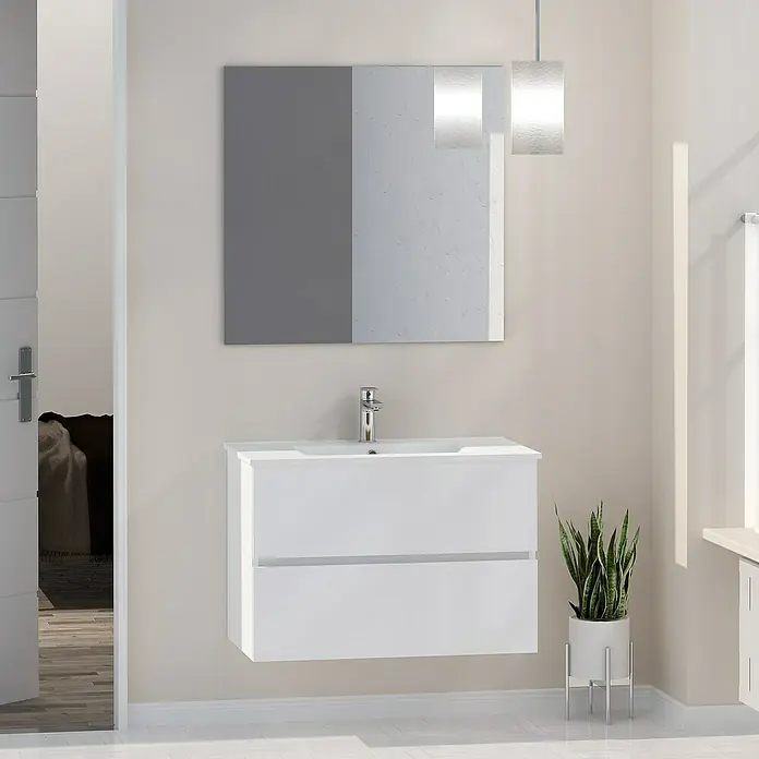 Artysan Mueble bajo de lavabo Inca - L x An x Al: 46 x 60 x 54,5 cm, Blanco - Mueble de baño moderno con espejo y planta.