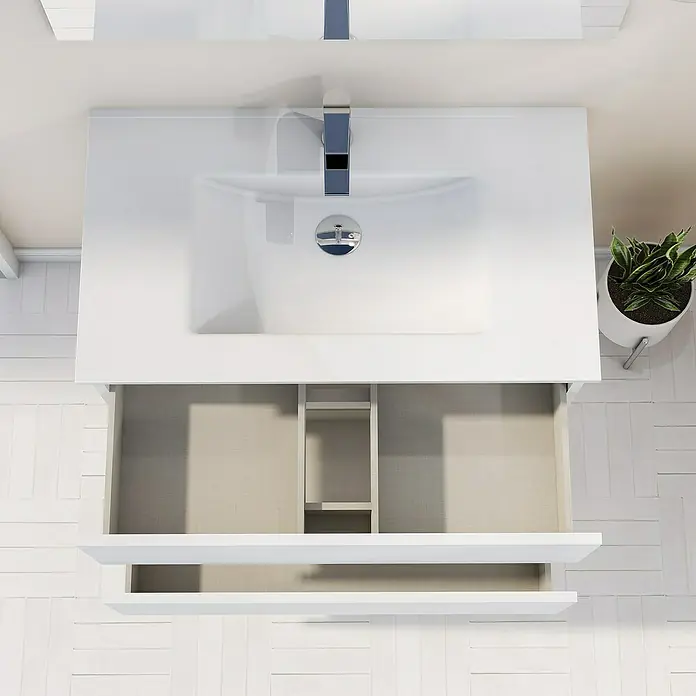 Artysan Mueble bajo de lavabo Inca - L x An x Al: 46 x 100 x 54,5 cm, Blanco - Captura del moderno tocador blanco con cajones abiertos, mostrando un elegante diseño y almacenamiento de baño.