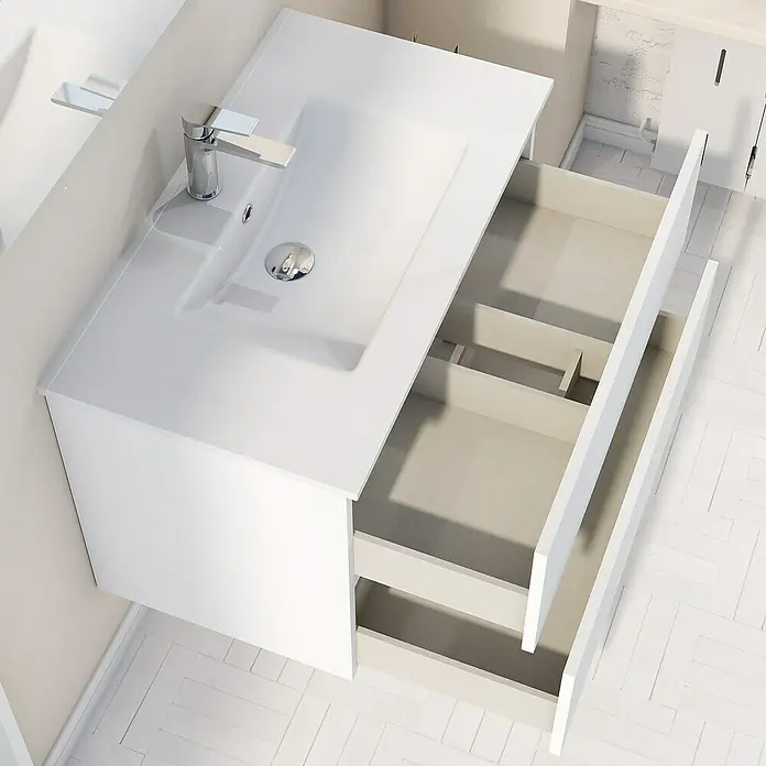 Conjunto de mueble de baño Inca - Blanco, Brillante - Moderno conjunto de tocador blanco con dos cajones y grifo cromado para un diseño de baño elegante.