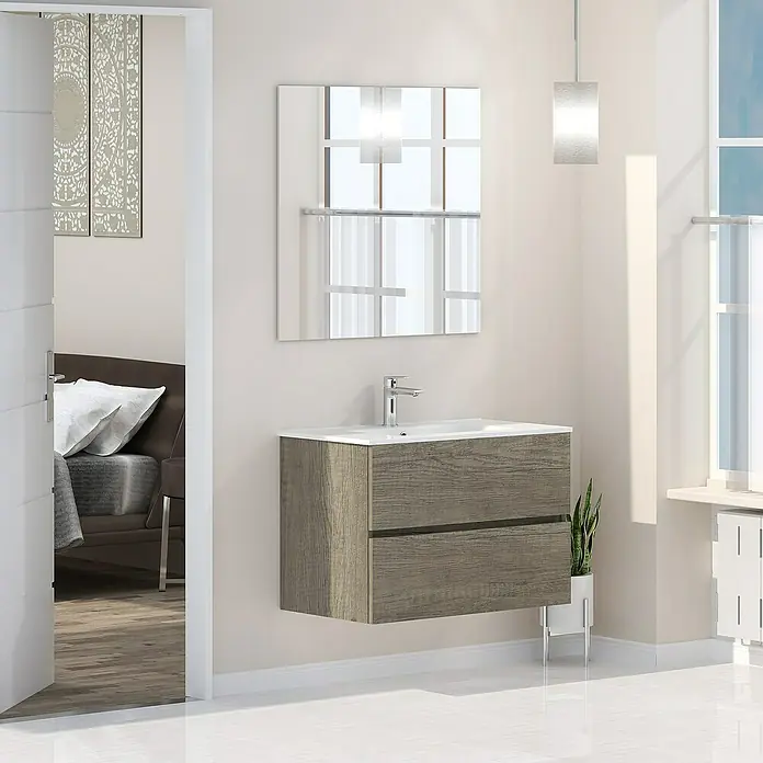Artysan Mueble bajo de lavabo Inca - L x An x Al: 46 x 80 x 54,5 cm, Nebraska - Imagen de un baño moderno con un tocador gris de dos cajones, un espejo y una lámpara colgante.