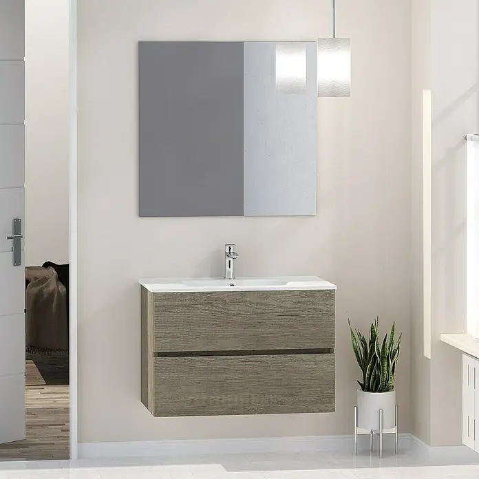 Artysan Mueble bajo de lavabo Inca - L x An x Al: 46 x 80 x 54,5 cm, Nebraska - Un moderno tocador de baño con dos cajones en acabado de madera, complementado con un espejo encima. La iluminación elegante realza el ambiente.