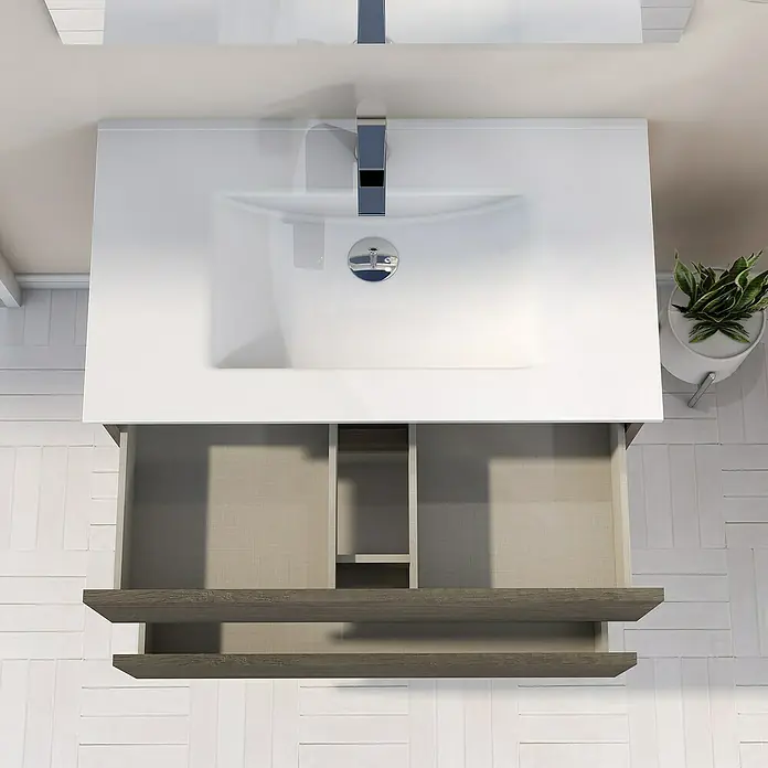 Artysan Mueble bajo de lavabo Inca - L x An x Al: 46 x 60 x 54,5 cm, Nebraska - Un mueble de baño con cajones. El mueble tiene una encimera blanca con un lavabo encastrado y dos cajones debajo.