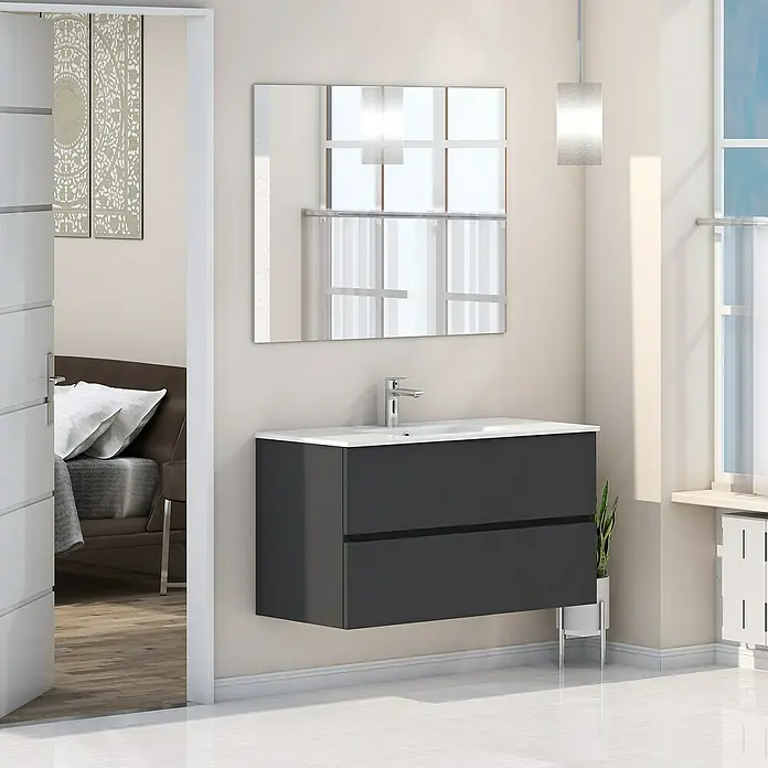 Artysan Mueble bajo de lavabo Inca - L x An x Al: 46 x 100 x 54,5 cm, Gris - Moderno conjunto de baño con un elegante mueble de lavabo flotante gris y espejo rectangular.