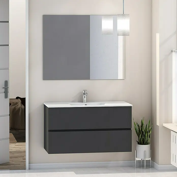 Artysan Mueble bajo de lavabo Inca - L x An x Al: 46 x 100 x 54,5 cm, Gris - Lavabo de baño moderno con espejo y planta. El lavabo tiene dos cajones y una encimera blanca.