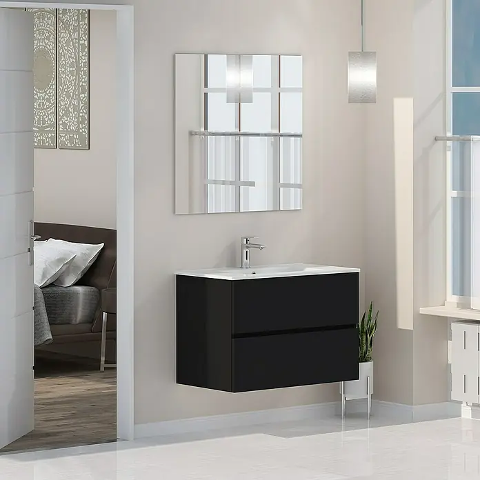 Artysan Mueble bajo de lavabo Inca - L x An x Al: 46 x 80 x 54,5 cm, Negro - Baño moderno con un mueble de lavabo negro con cajones y un lavabo sobre encimera blanco bajo un espejo cuadrado.