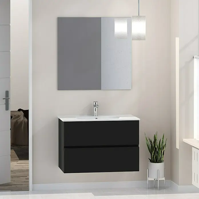 Artysan Mueble bajo de lavabo Inca - L x An x Al: 46 x 80 x 54,5 cm, Negro - Un tocador de baño moderno con un elegante armario negro y un espejo encima, un diseño elegante y que ahorra espacio.