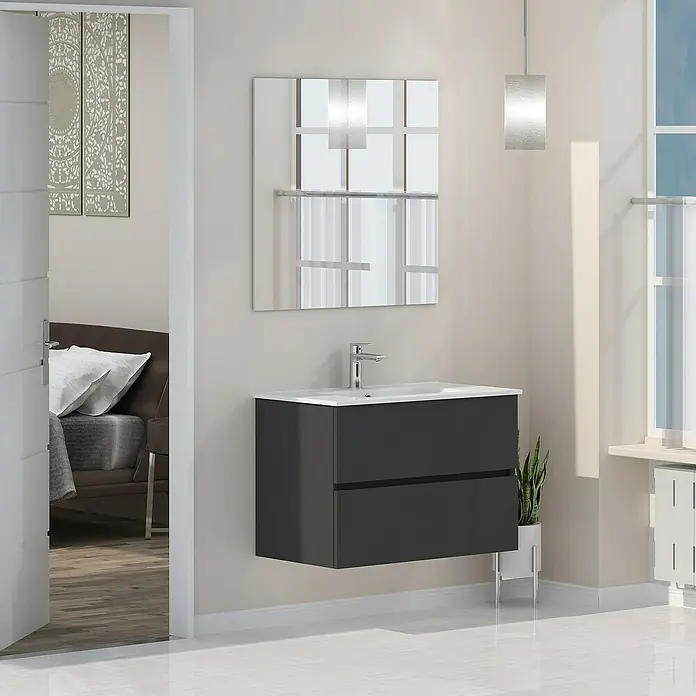 Artysan Mueble bajo de lavabo Inca - L x An x Al: 46 x 80 x 54,5 cm, Gris - Elegante baño moderno con mueble de lavabo gris de dos cajones y espejo de diseño.
