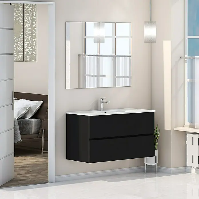Artysan Mueble bajo de lavabo Inca - L x An x Al: 46 x 100 x 54,5 cm, Negro - Un baño moderno con un tocador negro flotante con un lavabo blanco y un espejo rectangular encima.