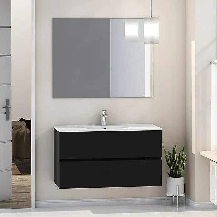 Artysan Mueble bajo de lavabo Inca - L x An x Al: 46 x 100 x 54,5 cm, Negro - Baño con mueble de lavabo negro, espejo y planta de interior para un ambiente moderno.