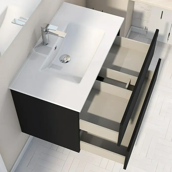 Artysan Mueble bajo de lavabo Inca - L x An x Al: 46 x 100 x 54,5 cm, Negro - Un tocador de baño moderno con un lavabo sobre encimera blanco y frentes de cajón negros parcialmente abiertos.