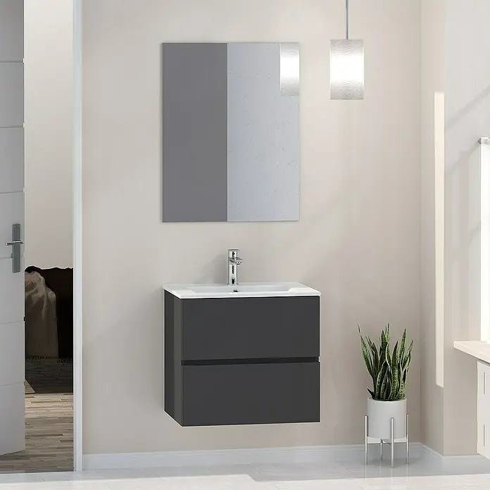Artysan Mueble bajo de lavabo Inca - L x An x Al: 46 x 60 x 54,5 cm, Gris - Un elegante tocador de baño gris con dos cajones y un espejo moderno cuelga de una pared de color claro.