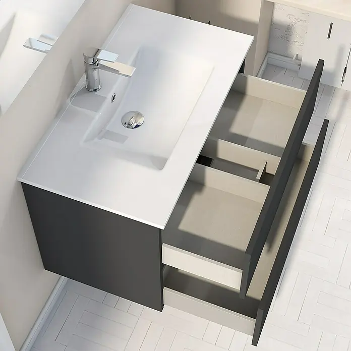 Artysan Mueble bajo de lavabo Inca - L x An x Al: 46 x 60 x 54,5 cm, Gris - Un tocador de baño moderno con un lavabo blanco y cajones abiertos, perfecto para diseños de baño elegantes.