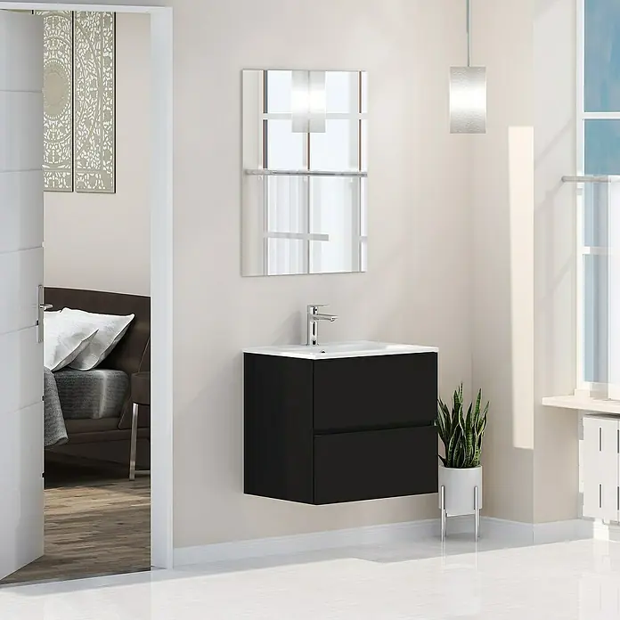 Artysan Mueble bajo de lavabo Inca - L x An x Al: 46 x 60 x 54,5 cm, Negro - Elegante mueble de baño negro con lavabo blanco y espejo a juego, ideal para un baño moderno.