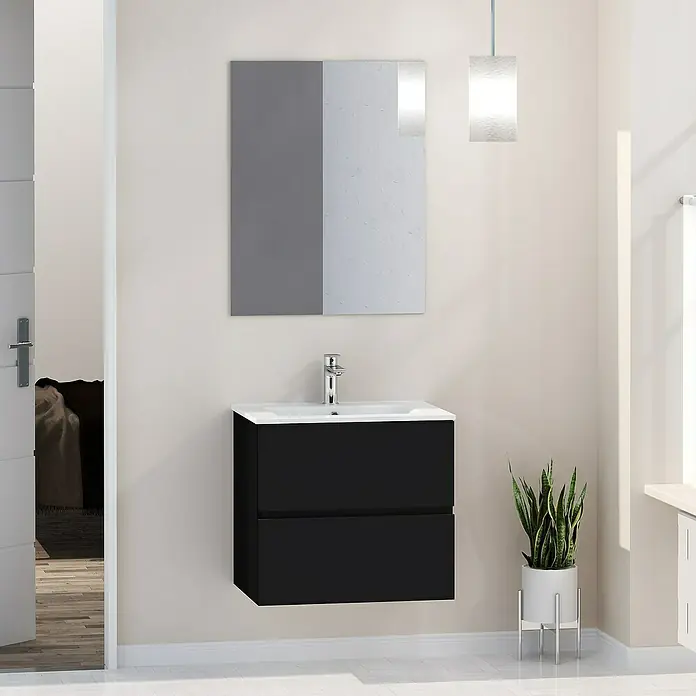 Artysan Mueble bajo de lavabo Inca - L x An x Al: 46 x 60 x 54,5 cm, Negro - Un baño moderno con un elegante mueble de lavabo negro, un espejo y una lámpara colgante, creando un ambiente elegante y contemporáneo.