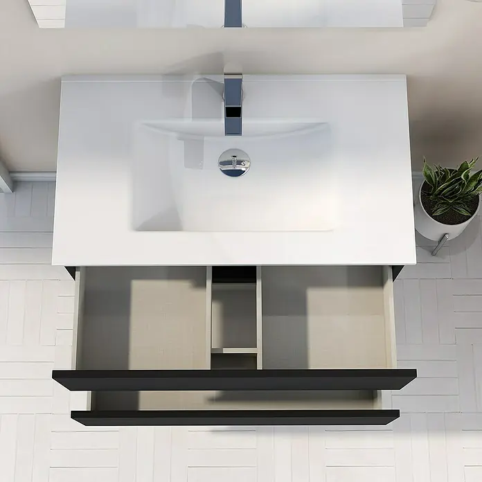 Artysan Mueble bajo de lavabo Inca - L x An x Al: 46 x 100 x 54,5 cm, Negro - Vista detallada de un moderno mueble de baño con lavabo, con cajones y estantes abiertos. El diseño limpio ofrece un amplio espacio de almacenamiento.
