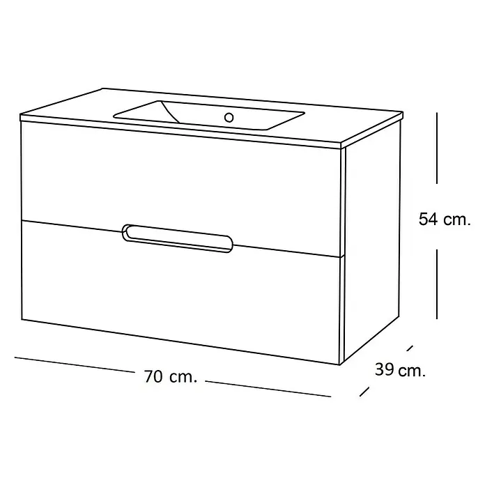 Artysan Mueble bajo de lavabo India Slim - L x An x Al: 39 x 70 x 54,5 cm, Antracita - La imagen muestra un mueble de baño blanco con lavabo y cajones. Las dimensiones del mueble son 70 cm x 54 cm x 39 cm.