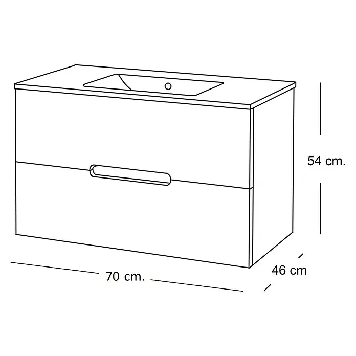 Artysan Mueble bajo de lavabo India - An x Pr x Al: 70 x 46 x 54,5 cm, Blanco - Ilustración de un mueble de baño con lavabo, de 70 cm de ancho, 54 cm de alto y 46 cm de profundidad. El mueble tiene un cajón y un lavabo.