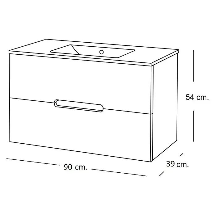 Artysan Mueble bajo de lavabo India Slim - L x An x Al: 39 x 90 x 54,5 cm, Nature - Boceto de un mueble de lavabo con lavabo, que tiene 90 cm de ancho, 54 cm de alto y 39 cm de fondo. Consta de dos cajones.