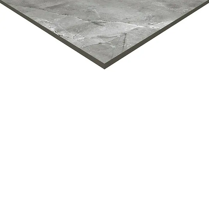 Feinsteinzeugfliese Pulpis Grey120 x 240 cm, Grau, Glänzend - Hochwertige graue Keramikfliese mit einer eleganten Marmorstruktur für moderne Innenräume. Strapazierfähig und stilvoll.