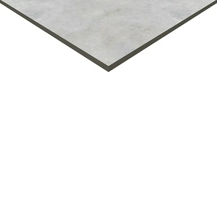 Feinsteinzeugfliese Luna Bianco - 60 x 60 cm, Weiß/Grau, Schimmernd - Nahaufnahme einer stilvollen grauen Arbeitsplatte mit dunklen Kanten, ideal für moderne Küchendesigns und elegante Innenräume.