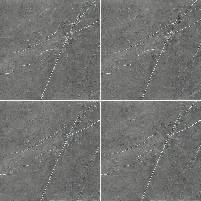 Feinsteinzeugfliese Ciana Mist - 120 x 120 cm, Anthrazit, Glänzend - Graue Marmorfliesen mit weißen Adern. Diese Fliesen sind ideal für moderne Badezimmer und Küchen und verleihen jedem Raum einen Hauch von Luxus.