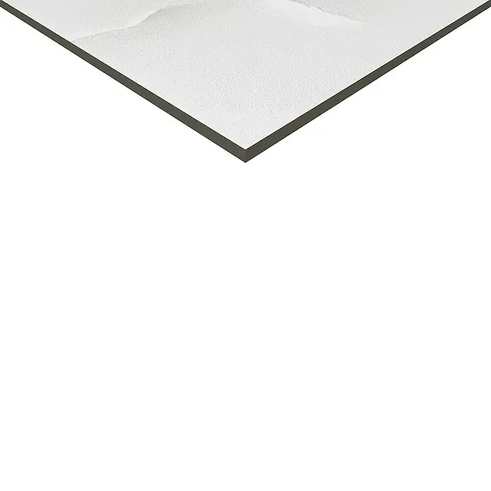 Feinsteinzeugfliese Onix Cloud - 120 x 120 cm, Weiß/Grau, Glänzend - Nahaufnahme einer weißen, quadratischen Fliese mit dunklen Kanten, die eine moderne und minimalistische Ästhetik für Innenräume bietet.