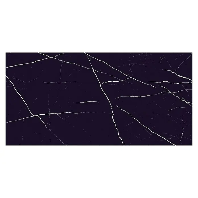 Feinsteinzeugfliese Black Marble - 120 x 240 cm, Schwarz, Glänzend - Elegante, dunkle Marmorplatte mit markanten weißen Adern. Perfekt für stilvolle Oberflächengestaltung und Akzente im Innenbereich.