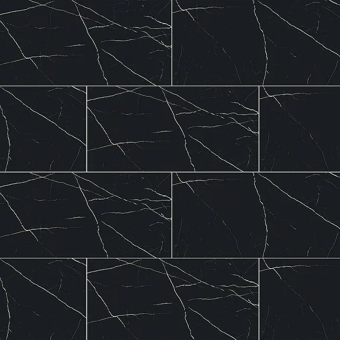 Feinsteinzeugfliese Black Marble - 120 x 240 cm, Schwarz, Glänzend - Elegante, schwarze Marmorfliesen mit auffälligen weißen Maserungen, die eine luxuriöse und stilvolle Atmosphäre schaffen.