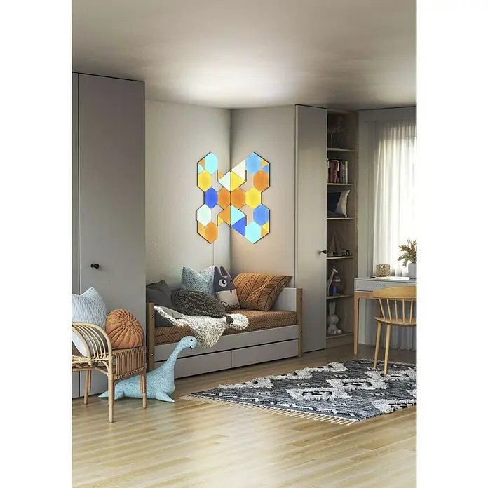 Nanoleaf Erweiterungskit Shapes Hexagons 3 Panels3 Stk., Weiß, RGBW, Hexagons, Smart Home-fähig: Ja - Buntes Nanoleaf Shapes Hexagon Wandpaneel-Lichtsystem, das eine spielerische Atmosphäre in einem modernen Kinderzimmer erzeugt.
