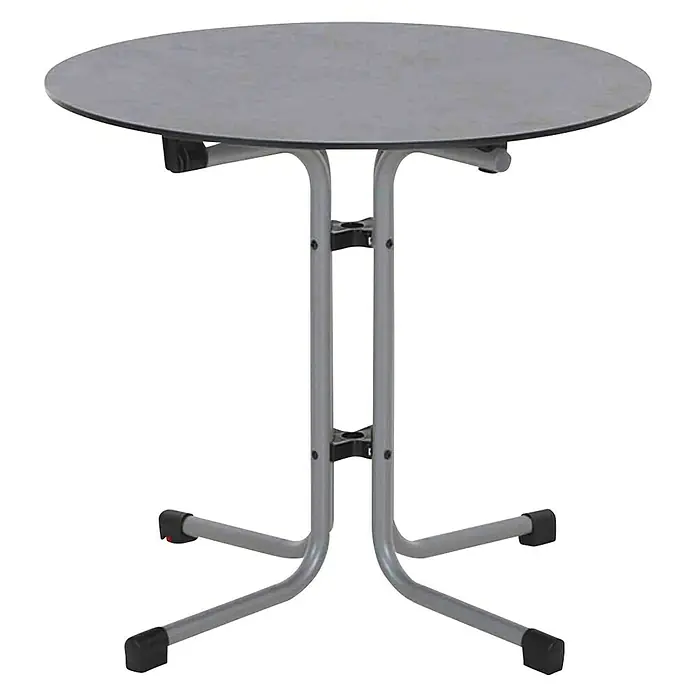 Siena Garden Balkontisch Sola - 80 x 70 cm, Stahl, HPL, Klappbar, Rund, Silber/Anthrazit - Nahaufnahme eines runden Klapptisches in Grau mit einem Stahlgestell und einer runden Platte. Ideal für kleine Räume oder den Transport.