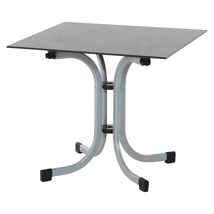 Siena Garden Balkontisch Sola - L x B x H: 80 x 80 x 70 cm, Stahl, HPL, Klappbar, Quadratisch, Silber/Dunkelgrau - Grauer quadratischer Tisch mit Stahlrohrgestell und schwarzen Füßen, ideal für den Innen- und Außenbereich.