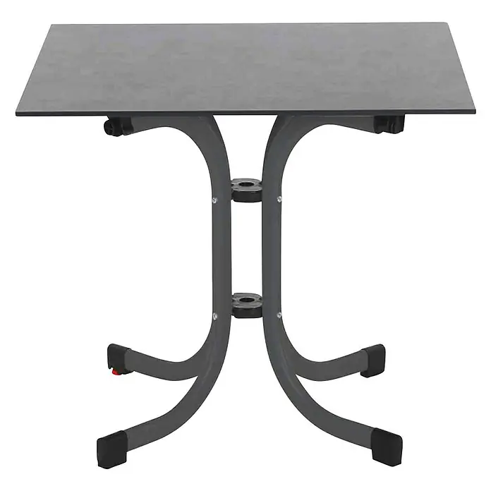 Siena Garden Balkontisch Sola - L x B x H: 80 x 80 x 70 cm, Stahl, HPL, Klappbar, Quadratisch, Anthrazit - Grauer Esstisch mit rechteckiger Tischplatte und gebogenem Metallgestell für den Innen- und Außenbereich.