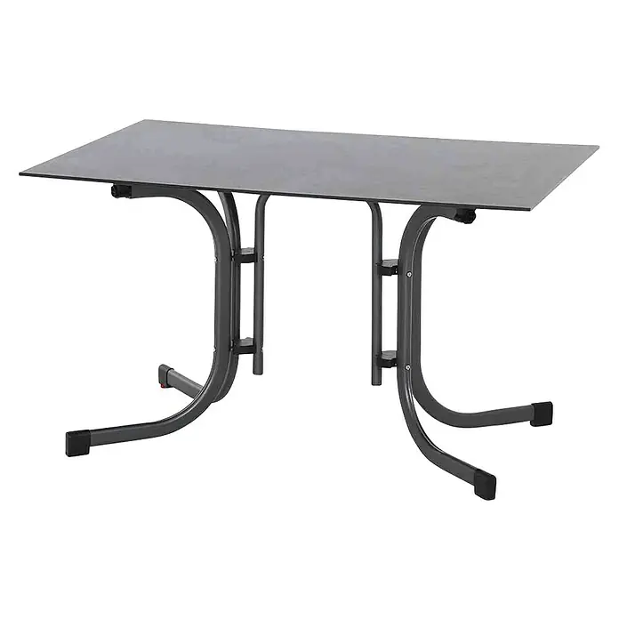 Siena Garden Urban Lights Gartenmöbel-Set Square Sessel/Sola Tisch - 5 -tlg., Polypropylen, Olive/Anthrazit - Ein grauer Klapptisch mit einem stabilen Stahlrahmen und einer praktischen, leicht zu reinigenden Tischplatte, ideal für den Innen- und Außenbereich.