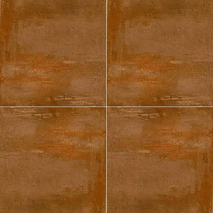 Feinsteinzeugfliese Metallic Brown - 100 x 100 cm, Braun, Matt - Vier braune Fliesen mit einer rustikalen, verwitterten Textur, die ein industrielles Flair vermitteln.