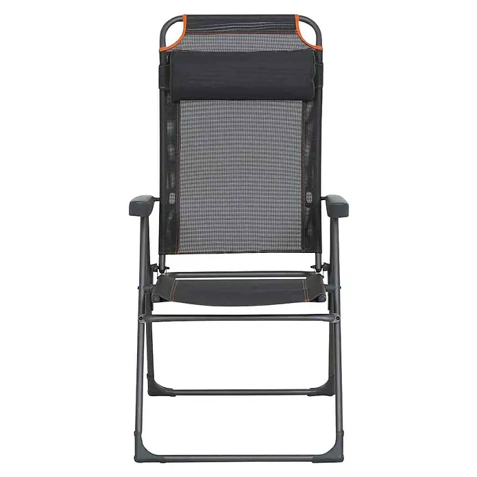 Siena Garden Campingstuhl Comfort - Rückenlehne verstellbar, Anthrazit, Orange, B x T x H: 59 x 72 x 117 cm - Ansicht eines Relaxsessels. Der Sessel hat ein graues Metallgestell, eine schwarze Netzbespannung und eine Kopfstütze.