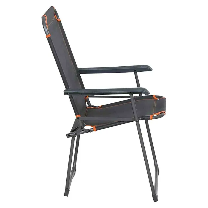 Siena Garden Campingstuhl Comfort - Aluminium, Polyester, Klappbar, Anthrazit, Rot, B x T x H: 57,5 x 69,5 x 95 cm - Seitenansicht eines Campingstuhls mit Armlehnen, grauem Stoff und orangefarbenen Akzenten, ideal für Outdoor-Aktivitäten und Entspannung.