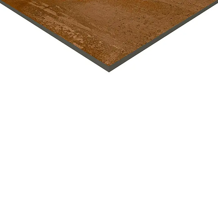 Feinsteinzeugfliese Metallic Brown - 100 x 100 cm, Braun, Matt - Nahaufnahme einer rostfarbenen Metallplatte mit einer dunklen Umrandung, ideal für industrielle oder dekorative Anwendungen.