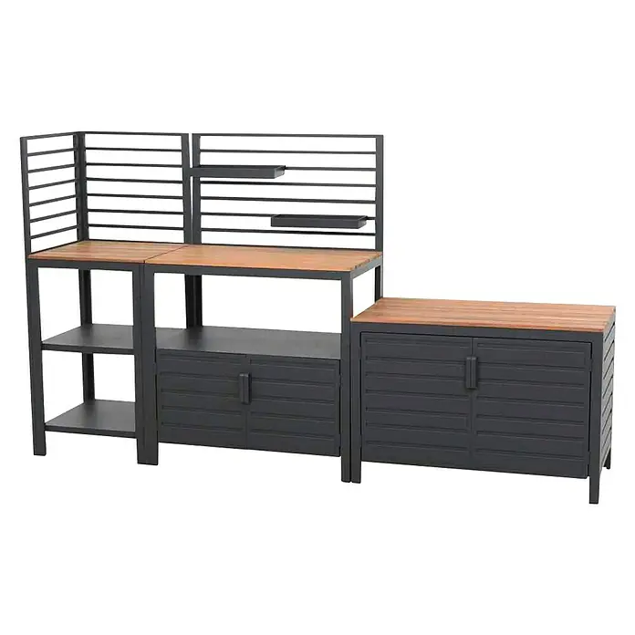 Siena Garden Grillküchen-Modul Sierra EckteilNatur/Anthrazit, B x T x H: 56 x 56 x 141 cm, Aluminium - Abbildung einer grauen Outdoor-Küche mit Holzplatte, bestehend aus Schränken und Regalen für den Garten oder die Terrasse.