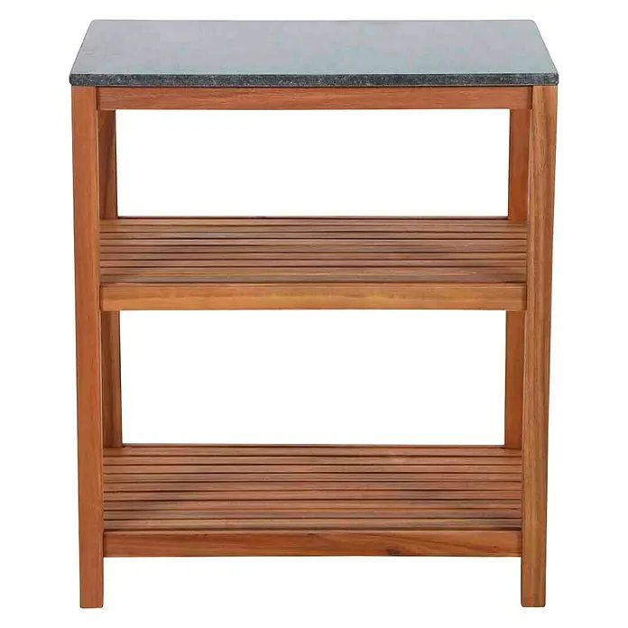 Siena Garden Outdoorküchen-Modul Riva Standregal - B x T x H: 75 x 52 x 87 cm, Granit, Natur/Dunkelgrau - Abbildung eines Holzregals mit zwei Ablageflächen und einer grauen Steinplatte, ideal für Küche oder Bad.