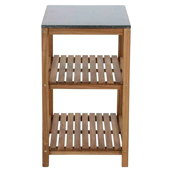 Siena Garden Outdoorküchen-Modul Riva Standregal - Mittelteil offen, B x T x H: 75 x 52 x 87 cm, Akazienholz/Granit, Natur/Dunkelgrau - Ein dreistufiges Holzregal mit einer grauen Oberfläche und zwei Regalböden aus Holzlatten. Das Regal ist ideal für Badezimmer und andere Räume.