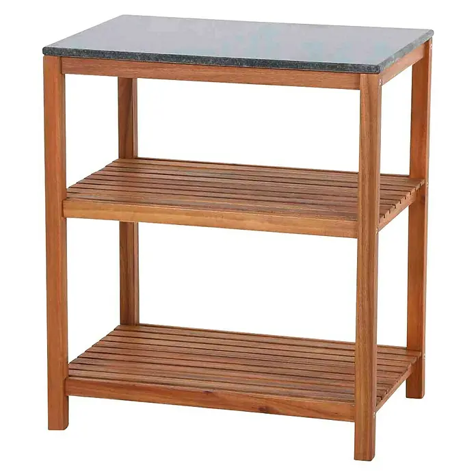 Siena Garden Outdoorküchen-Modul Riva Standregal - B x T x H: 75 x 52 x 87 cm, Granit, Natur/Dunkelgrau - Ein stabiles Holzregal mit zwei Ablageflächen und einer dunklen Tischplatte, ideal für Küche oder Garten. Bietet praktischen Stauraum und Ablagefläche.