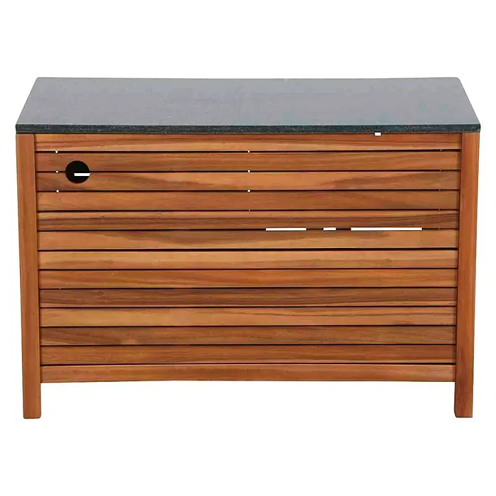 Siena Garden Outdoorküchen-Modul Riva - Natur/Dunkelgrau, B x T x H: 100 x 52 x 67 cm, Granit - Hier ist ein stilvoller Outdoor-Schrank mit Holzverkleidung und einer eleganten dunklen Arbeitsplatte. Ideal für Garten und Terrasse.