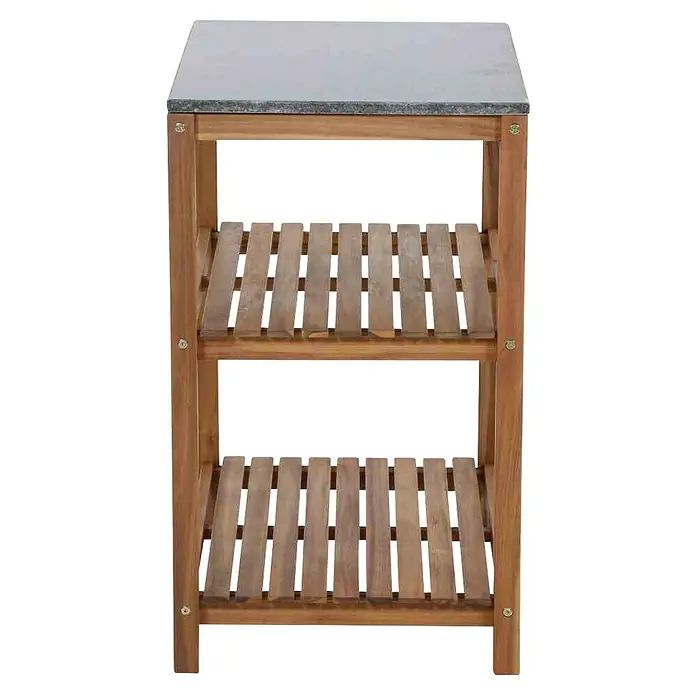 Siena Garden Outdoorküchen-Modul Riva Standregal - B x T x H: 75 x 52 x 87 cm, Granit, Natur/Dunkelgrau - Ein dreistufiges Holzregal mit einer grauen Tischplatte oben, ideal für Bad oder Garten, bietet stilvollen Stauraum.