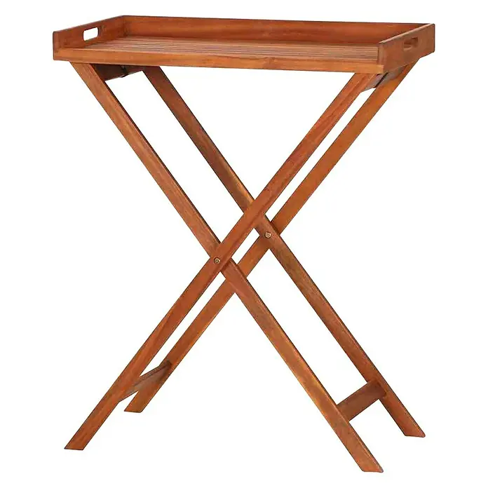 Siena Garden Serviertisch Minera - L x B x H: 80 x 45 x 99,5 cm, Akazie, Naturbraun - Ein brauner Holz-Serviertisch mit einem Tablett auf einem X-förmigen Gestell, isoliert auf Schwarz.