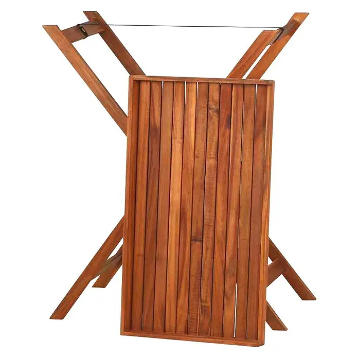 Siena Garden Serviertisch Minera - L x B x H: 80 x 45 x 99,5 cm, Akazie, Naturbraun - Ein schmaler, brauner Wäscheständer aus Holz mit Metallstange zum Aufhängen von Kleidung. Praktisch und platzsparend.