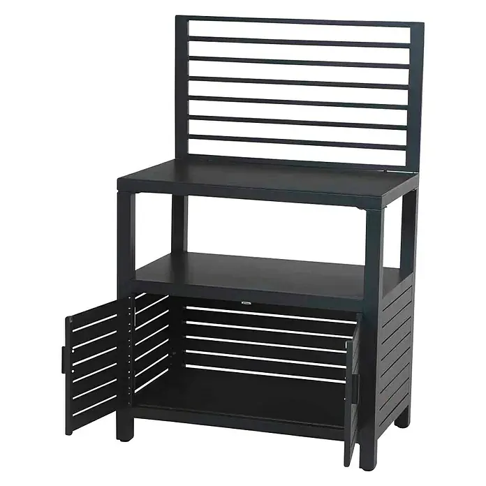 Siena Garden Outdoorküchen-Modul Texas - Anthrazit, B x T x H: 90 x 56 x 90 cm - Abbildung eines dunklen Outdoor-Gartenschranks mit Regal und einer Tür, die geöffnet ist, vor schwarzem Hintergrund.