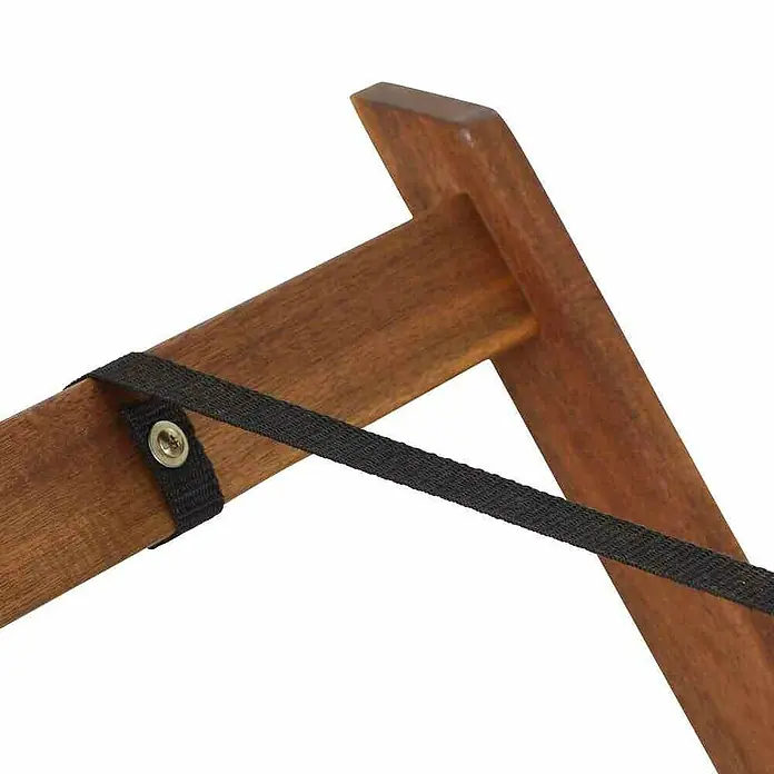 Siena Garden Serviertisch Minera - L x B x H: 80 x 45 x 99,5 cm, Akazie, Naturbraun - Detailaufnahme eines Holzständergestells mit schwarzem Stoffband und silberner Öse, das eine stilvolle und funktionale Konstruktion zeigt.