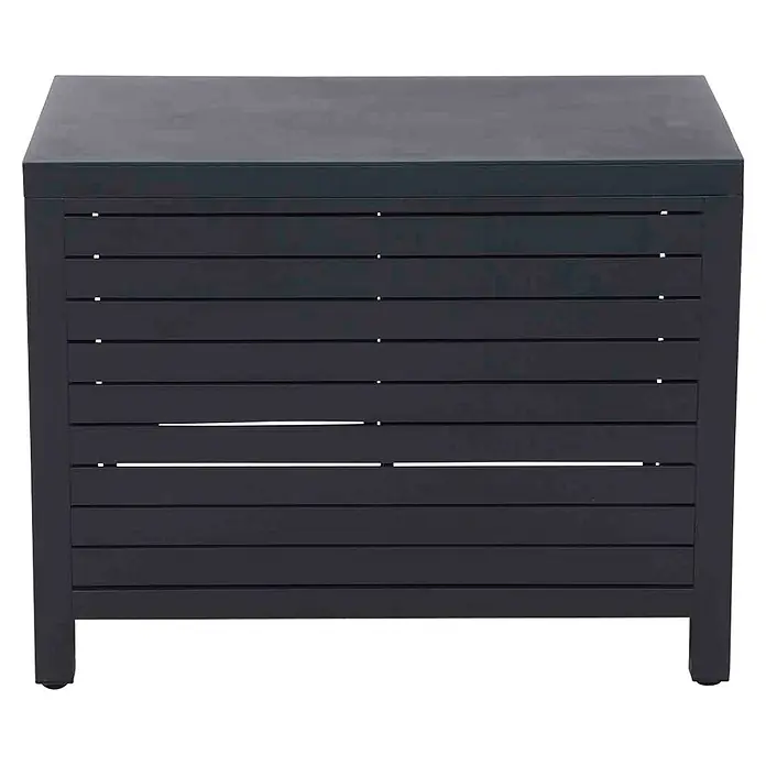 Siena Garden Outdoorküchen-Modul Texas - Anthrazit, B x T x H: 90 x 56 x 70,5 cm - Aufnahme eines schwarzen, rechteckigen Outdoor-Aufbewahrungskoffers mit horizontalen Lamellen an den Seiten und einem flachen Deckel.
