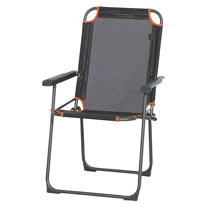 Siena Garden Campingstuhl Comfort - Aluminium, Polyester, Klappbar, Anthrazit, Rot, B x T x H: 57,5 x 69,5 x 95 cm - Aufnahme eines Campingstuhls mit schwarzem Netzstoff und orangefarbenen Akzenten. Ideal für entspannte Outdoor-Momente.
